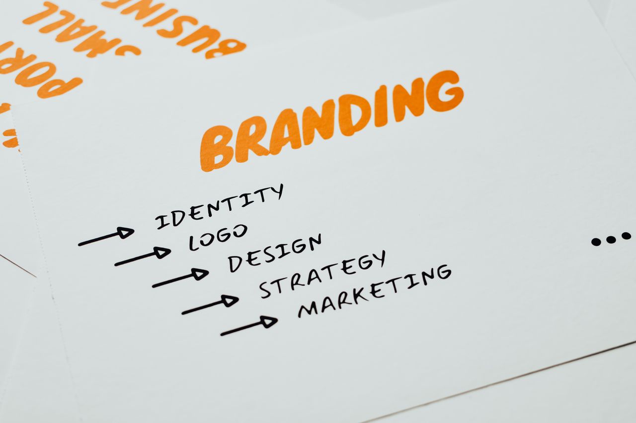Gros plan sur une feuille présentant les notions de branding, d’identité, de design, de stratégie et de marketing en orange et noir.